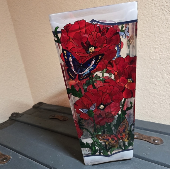 Other - Glass Vase 13in Tall With Flowers And Butterflies Handpainted Heavy Vibrant